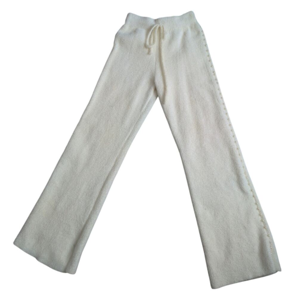 Y2K Wide Leg Knit Sweater Pants Women Large Pearl Accent‎ Cream Loungewear Cozy